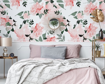 Beautiful floral wallpaper with pink watercolor flowers, peel and stick wall mural, floral home decor, temporary wallpaper, home decor