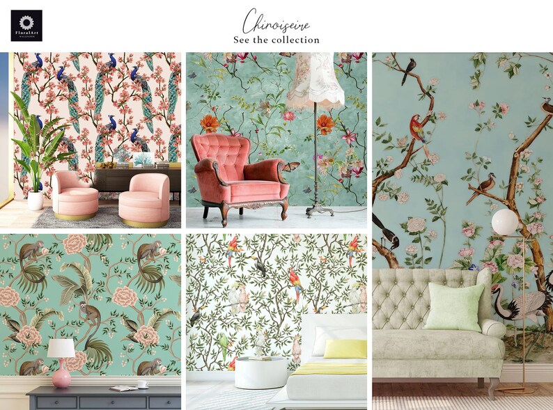K&ouml;nnte beinhalten: Eine Collage aus sechs Bildern, die verschiedene Tapetenmuster mit einem Chinoiserie-Thema zeigen. Die Designs zeigen V&ouml;gel, Blumen und &Auml;ste in verschiedenen Farben, darunter Blau, Gr&uuml;n, Pink und Wei&szlig;. Die Tapete wird in verschiedenen Raumsituationen gezeigt, darunter ein Wohnzimmer mit einem rosa Sessel und einem Sofa mit Kissen.