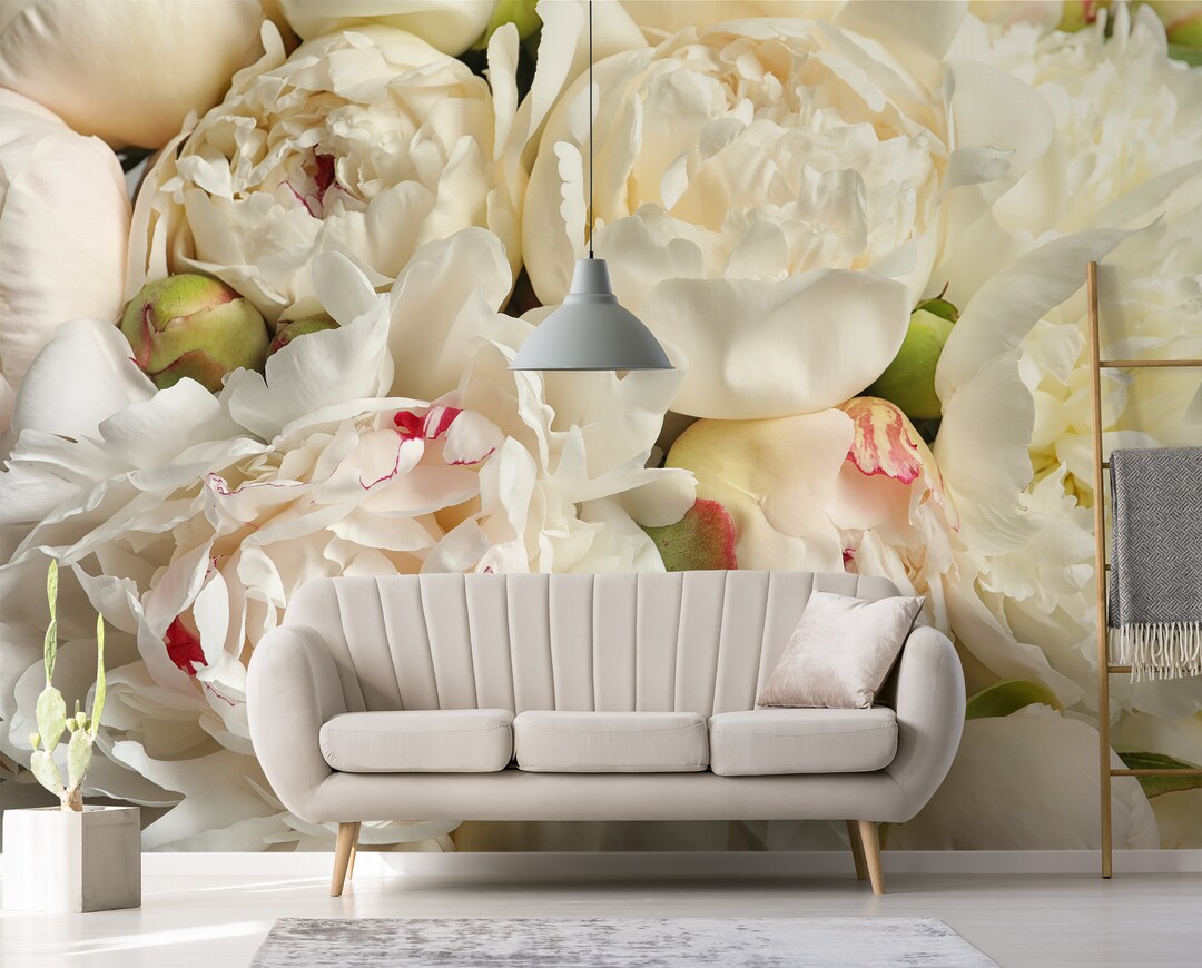 White Peonies Wallpaper Mural, Peel and Stick Wallpaper, Peony Wall ...