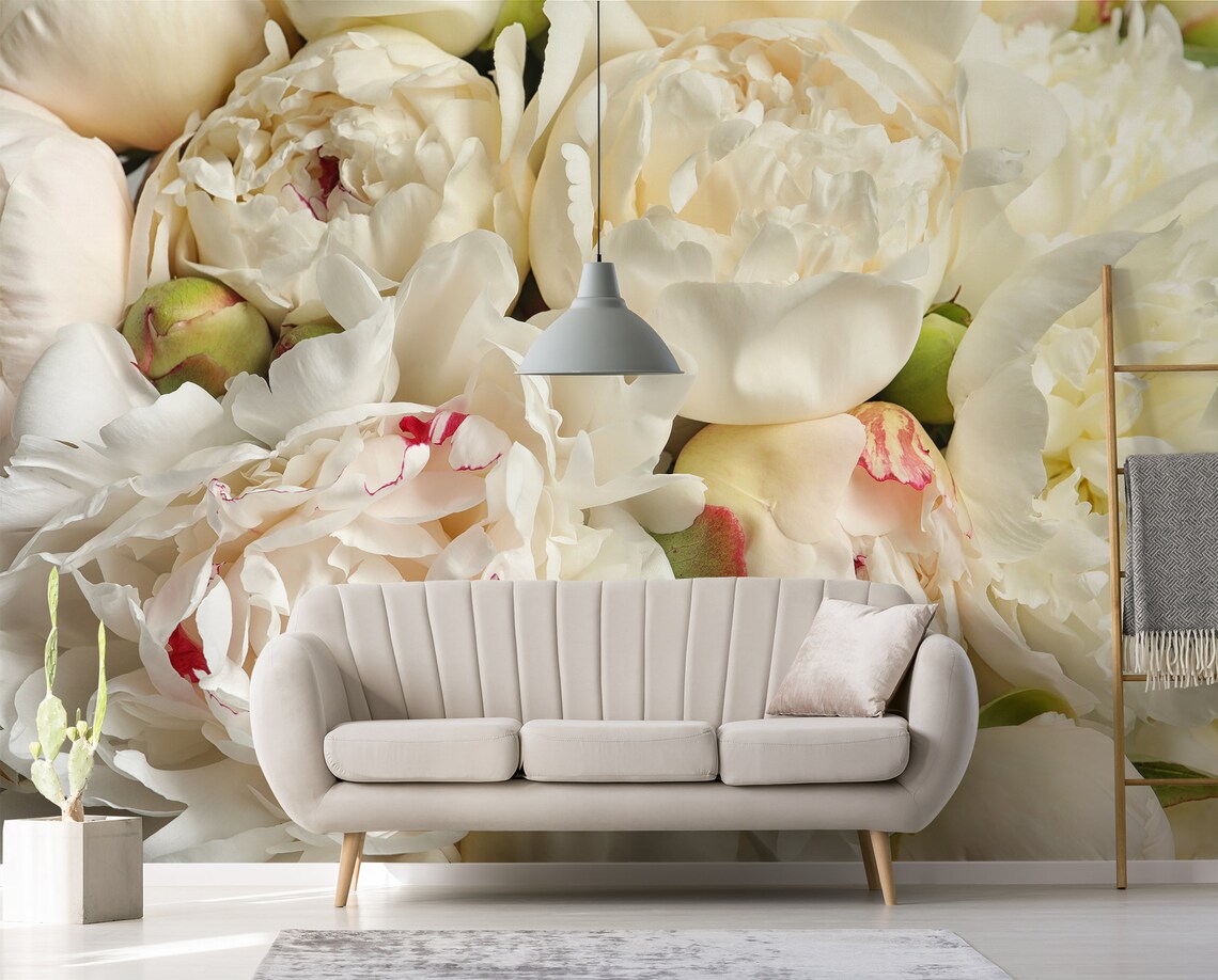 White Peonies Wallpaper Mural, Peel and Stick Wallpaper, Peony Wall ...