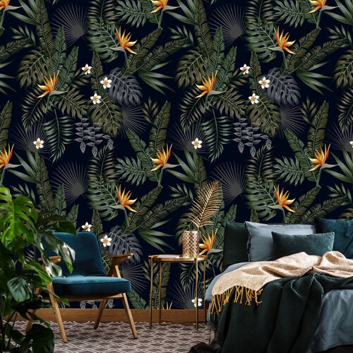 Dark Jungle Wallpaper Peel and Stick Wall Mural With Tropical - Etsy