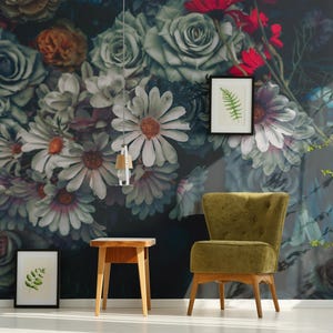 Carta da parati con bouquet vintage, murale floreale, arte murale scura, autoadesiva, staccabile e attaccabile, rimovibile o tradizionale, carta da parati in vinile