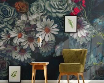 Tapeta z motywem bukietu w stylu vintage, fototapeta z motywem kwiatowym, ciemna sztuka ścienna, samoprzylepna, odklejana i przyklejana, usuwalna lub tradycyjna, tapeta winylowa