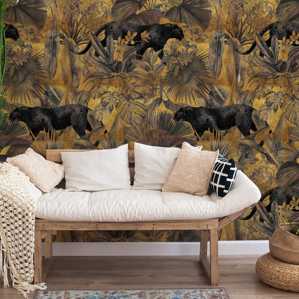 Papel pintado removible con flores tropicales, pantera y hojas, papel pintado autoadhesivo, papel pintado de acuarela despegable y pegable, decoración de pared