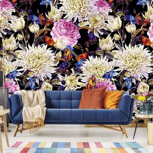 Dark Floral Wallpaper Peel and Stick Wall Mural Watercolor - Etsy