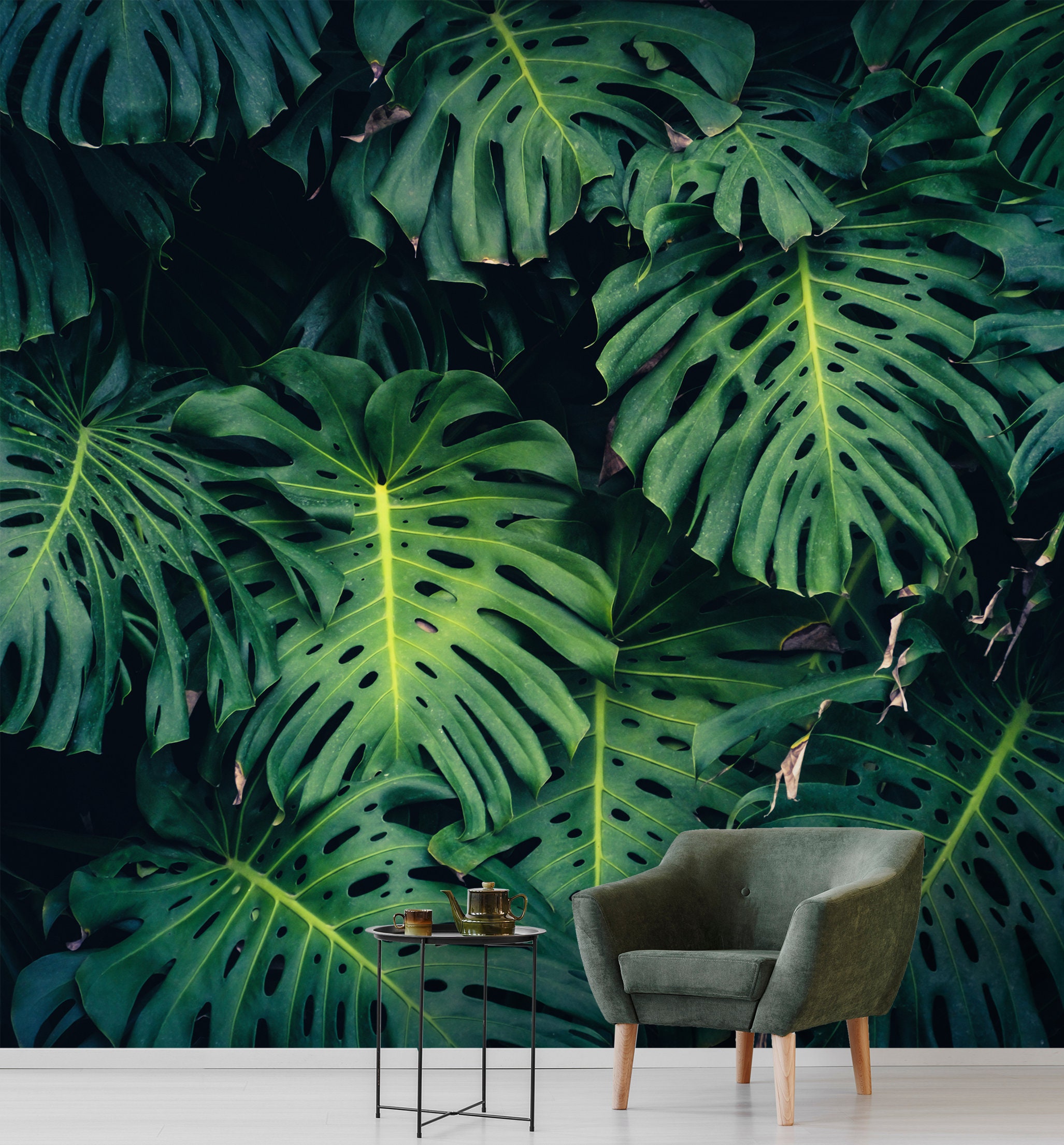 Monstera Leaf Wall Mural, Peel and Stick Tropical Wallpaper, Jungle ...