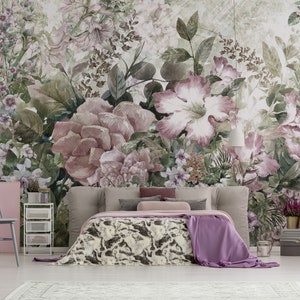 Floral grunge wall mural, self adhesive removable wallpaper, green nature floral print, peel and stick wallpaper, wall decor
