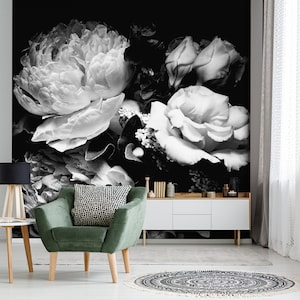 Peony flower wallpaper, self adhesive wall decor, black and white floral clipart, floral art dark mural image 4