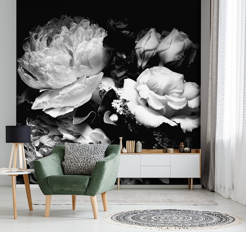 Peony flower wallpaper, self adhesive wall decor, black and white floral clipart, floral art dark mural image 4