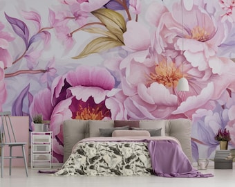 Boho Blumentapete mit rosa Pfingstrose Wandbild, selbstklebend, schälen und aufkleben, abnehmbar oder traditionell, Vinyltapete