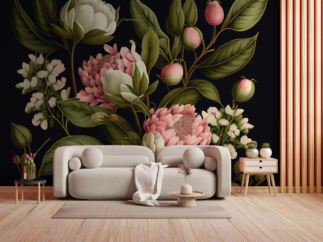 Bouquet of Flowers Wall Mural, Pink Peony Vintage Wallpaper, Self ...