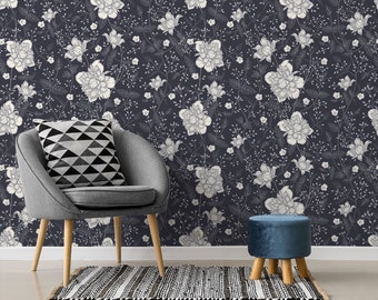 Abstract floral wallpaper, garden flowers wallpaper, line art, self adhesive, peel and stick, removable or traditional, vinyl wallpaper