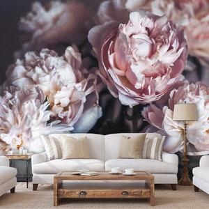 Peony flowers wall mural, peel and stick floral wallpaper, temporary removable wallpaper, self adhesive, floral wall decor, home decor image 1