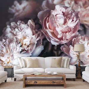 Peony flowers wall mural, peel and stick floral wallpaper, temporary removable wallpaper, self adhesive, floral wall decor, home decor image 1