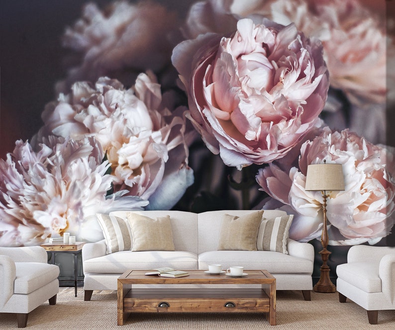 Peony flowers wall mural, peel and stick floral wallpaper, temporary removable wallpaper, self adhesive, floral wall decor, home decor image 1