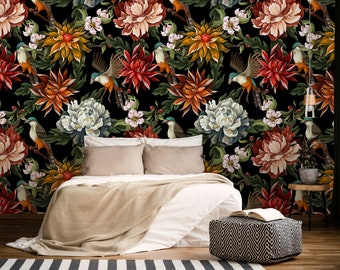 Dark botanical floral wall mural, self adhesive, removable, peel and stick wallpaper, wall decor