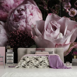 Murale floreale viola, carta da parati a buccia e bastone, carta da parati autoadesiva, stampa peonia, carta da parati floreale rimovibile, decorazione murale floreale