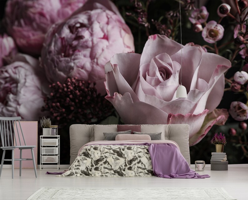 Purple Floral Wall Mural Peel and Stick Wallpaper Self - Etsy