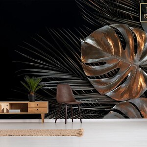 Bronze Blatt Wandbild, abnehmbare Tapete, tropische Palmblätter auf schwarzem Hintergrund, Blattdruck, Wanddeko