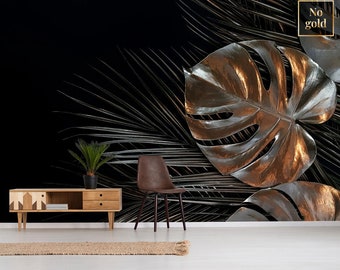 Bronzen bladmuurschildering, verwijderbaar behang met peel-and-stick, tropische palmbladeren op zwarte achtergrond, bladafdruk, wanddecoratie