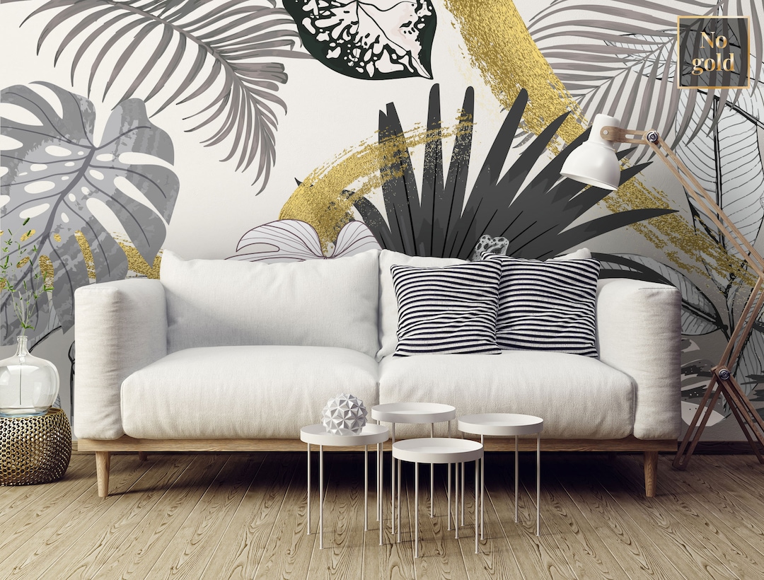 Black and White Palm Leaves Wall Mural, Self Adhesive Removable ...