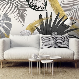 Black and white palm leaves wall mural, self adhesive removable wallpaper, tropical leaf print, peel and stick wallpaper, wall decor