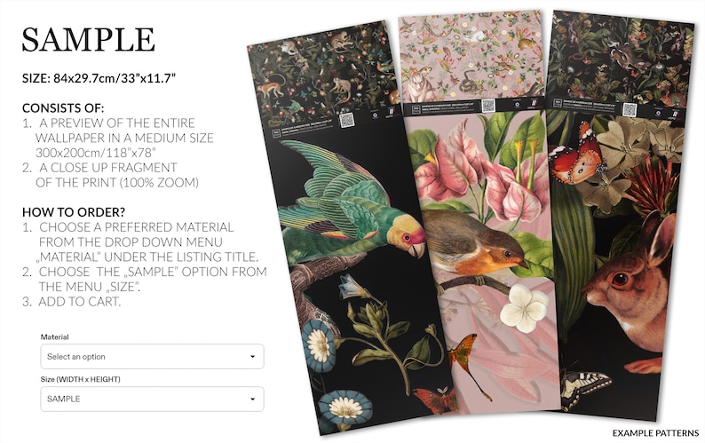 Dramatic floral wallpaper, dark botanical mural, peonies and tulips, wall art, home decor, self adhesive peel and stick or traditional vinyl SAMPLE