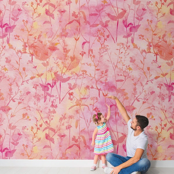 Vintage style pink floral wall mural, flowers and leaves wallpaper, self adhesive, peel and stick, removable or traditional, vinyl wallpaper