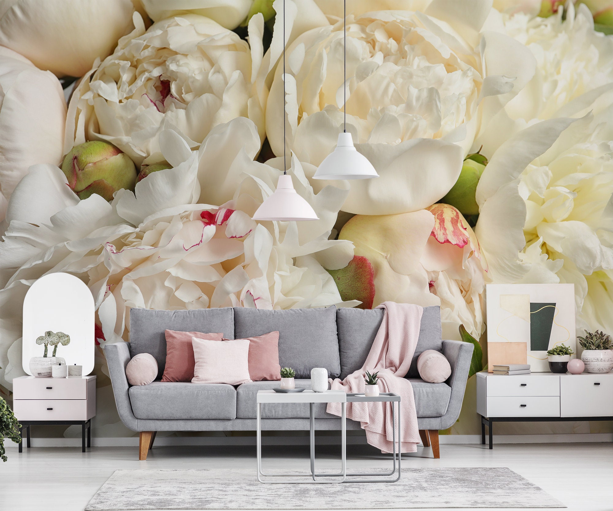 White Peonies Wallpaper Mural, Peel and Stick Wallpaper, Peony Wall ...