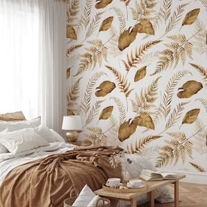 Watercolor brown leaves wallpaper, vintage botanical wallpaper, self adhesive, peel and stick, removable or traditional, vinyl wallpaper