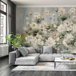 Lotus Blume Tapete, Blätter auf Beton, Wandbild im Loft-Stil, selbstklebend, schälen und aufkleben, abnehmbar oder herkömmlich, Vinyl-Tapete
