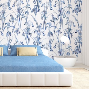 Blue flowers wallpaper, watercolor botanical pattern wallpaper, self adhesive, peel and stick, removable or traditional, vinyl wallpaper