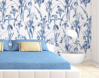 Papel tapiz de flores azules, papel tapiz con patrón botánico de acuarela, autoadhesivo, despegable y pegable, removible o tradicional, papel tapiz de vinilo