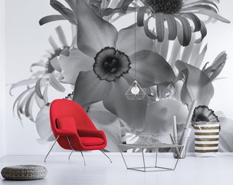 Spring flowers wall mural, peel and stick wallpaper, black and white wall print, removable wallpaper, home decor