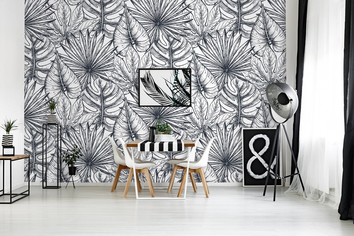 Monochrome leaves wallpaper peel and stick wall mural black | Etsy