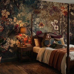 Dark garden wallpaper, vintage floral wall mural, wall art, home decor, self adhesive peel and stick or traditional vinyl image 2