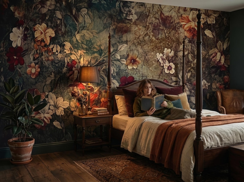 Dark garden wallpaper, vintage floral wall mural, wall art, home decor, self adhesive peel and stick or traditional vinyl image 2