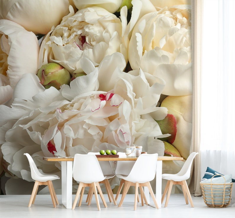 White Peonies Wallpaper Mural, Peel and Stick Wallpaper, Peony Wall ...