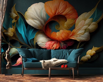Elegant floral wallpaper, Retro flower wall mural, botanical decor, self adhesive, peel and stick, removable or traditional, vinyl wallpaper
