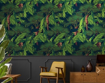 Banana & leaf wallpaper, peel and stick wallpaper, banana leaf print, tropical wallpaper, removable temporary wallpaper