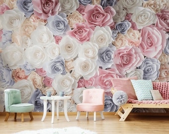 Carta da parati murale con rose pastello, carta da parati staccabile e attaccabile, murale floreale rimovibile, carta da parati botanica, decorazioni floreali per la casa