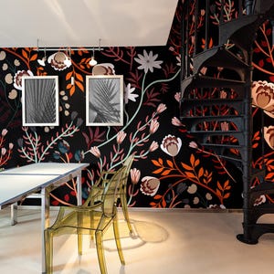 Dark ethnic floral wallpaper, vintage wall mural, botanical decor, self adhesive, peel and stick, removable or traditional, vinyl wallpaper