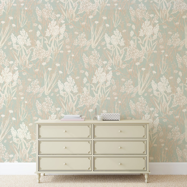 Light Green Botanical Wallpaper Classic Floral Pattern Etsy