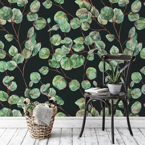 Natural watercolor wallpaper with eucalyptus leaves, self adhesive removable wallpaper, wall mural, temporary, peel and stick wallpaper