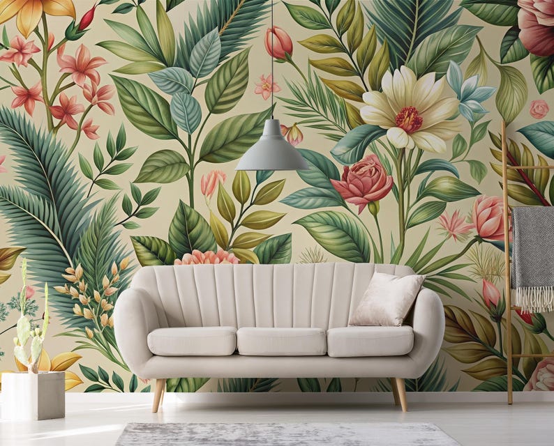 Buy Green Floral and Leaves Wallpaper, Vintage Botanical Wall Mural