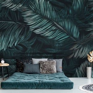 Tropical dark green wall mural, palm leaves wallpaper, self adhesive, peel and stick, removable or traditional, vinyl wallpaper