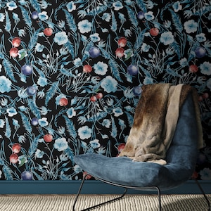 Dark floral wallpaper, blue and red flowers on black background, self adhesive, peel and stick, removable or traditional, vinyl wallpaper