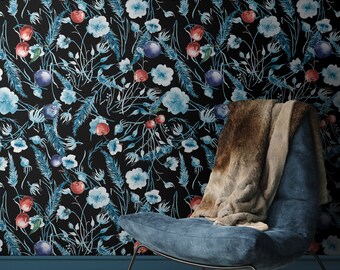 Dark floral wallpaper, blue and red flowers on black background, self adhesive, peel and stick, removable or traditional, vinyl wallpaper