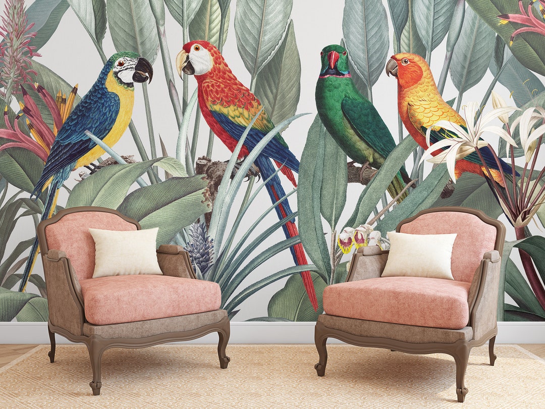 Tropical Wall Mural With Parrots, Self Adhesive Removable Wallpaper ...