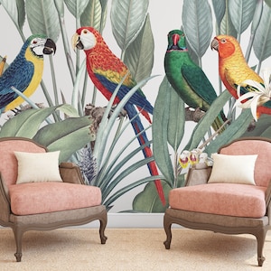 Tropical wall mural with parrots, self adhesive removable wallpaper, watercolor floral wall art, peel and stick wallpaper, floral wall decor